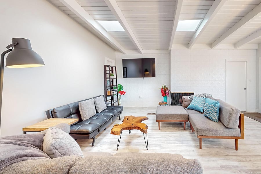 spacious living room with smart tv