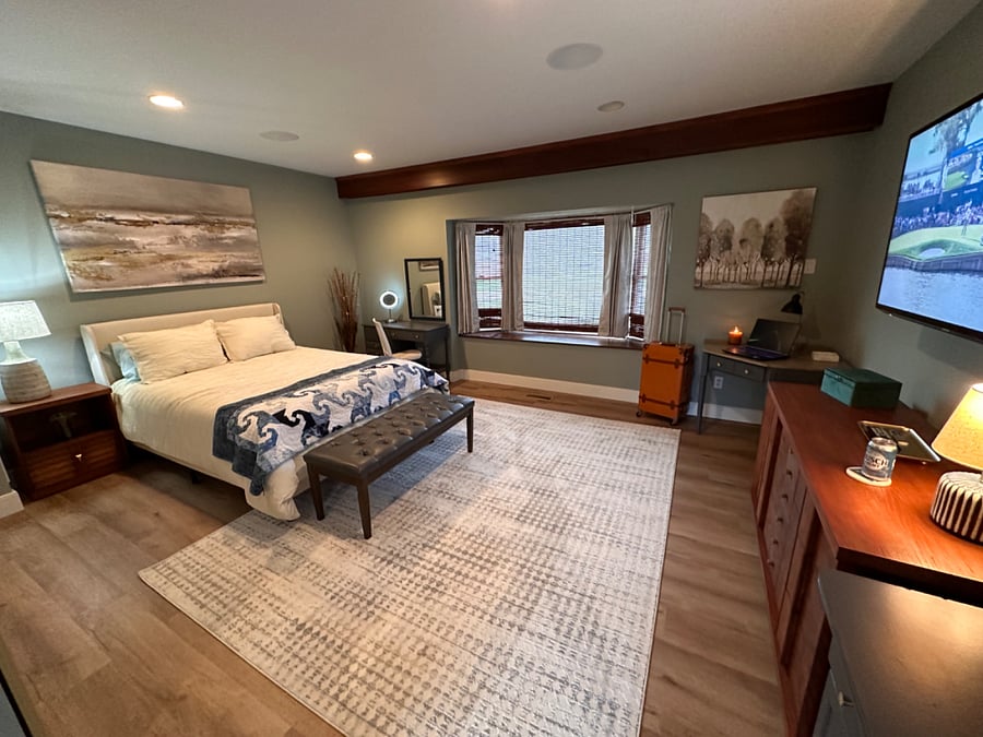 Bedroom suite from entry door, looking towards front of house.