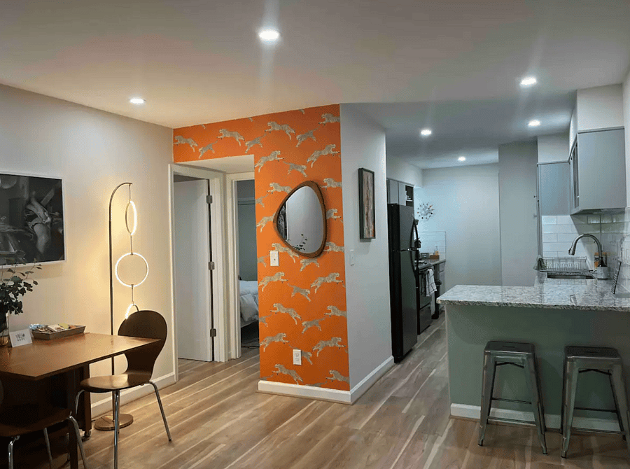 work/dining table and granite countertop shown which are both white places to work 