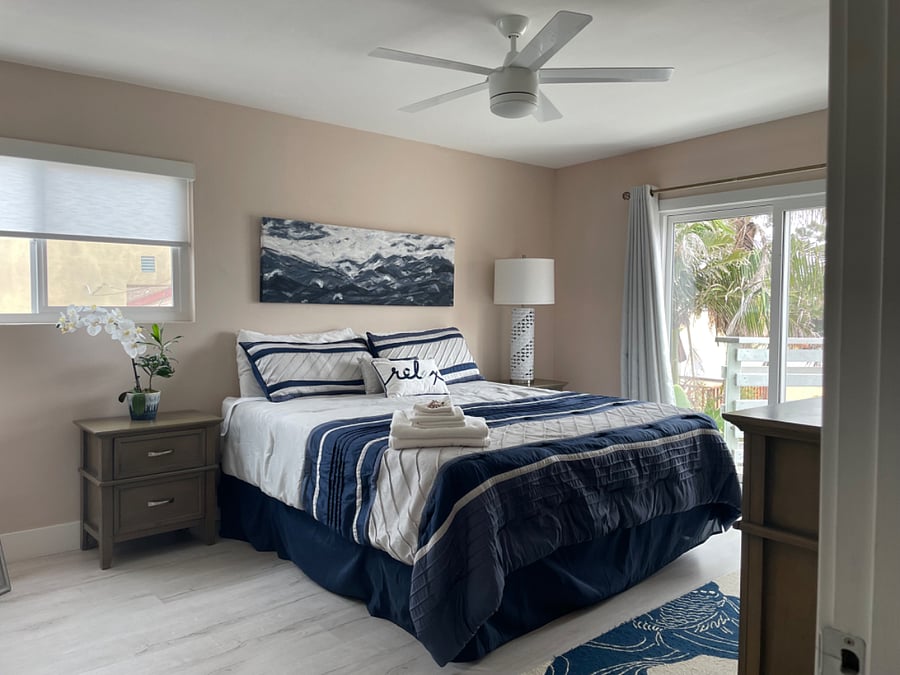 Primary bedroom - King bed with connected bathroom, main level, walk-in closet and ceiling fan