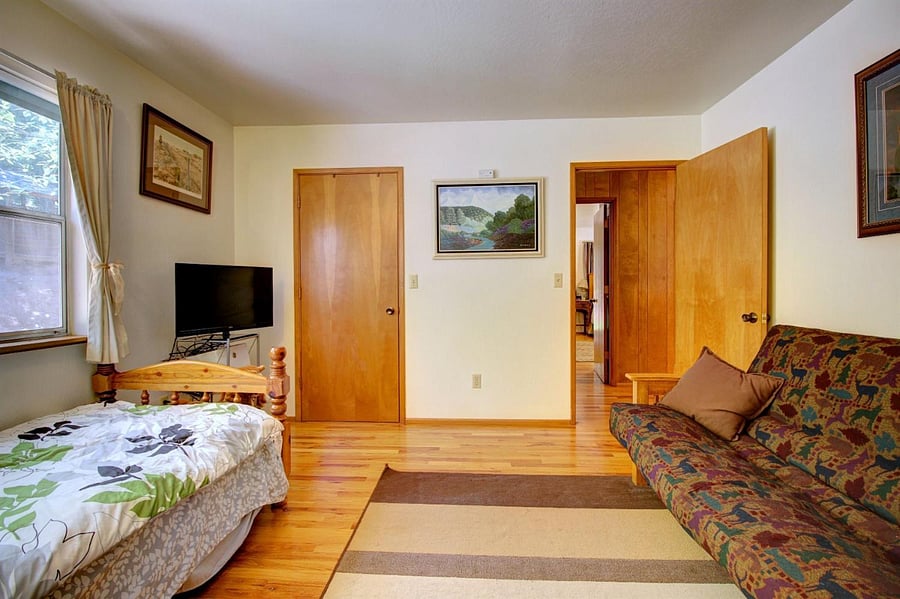 Bedroom furniture has changed. This room has a queen bed in it now.