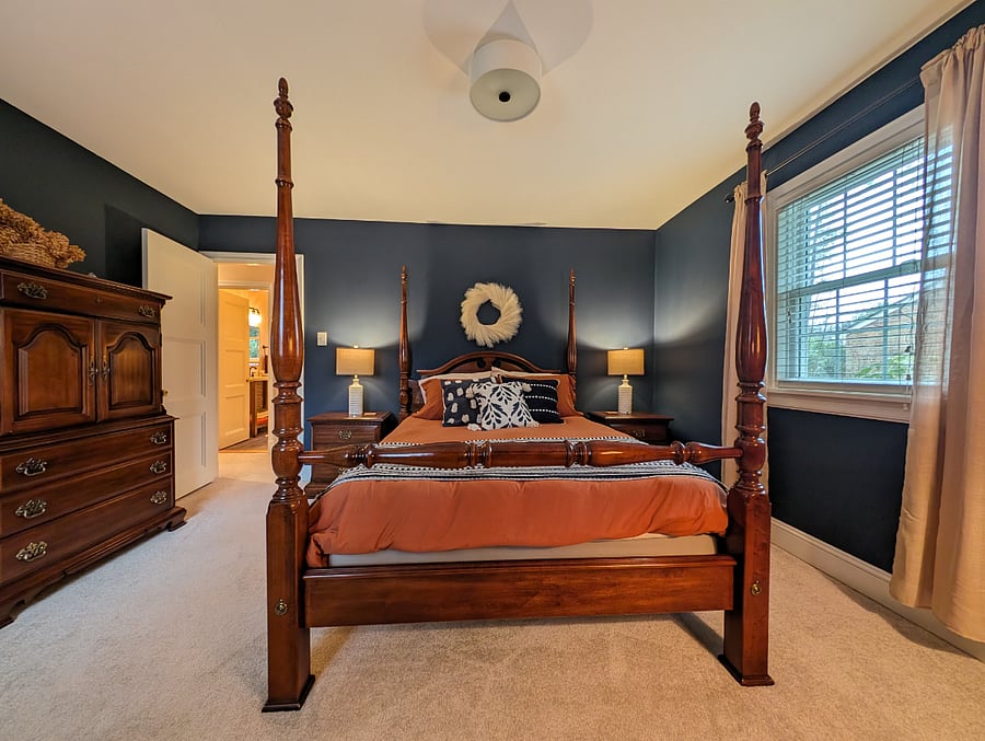 Bedroom 1 Queen-sized bed features new memory-foam mattress.