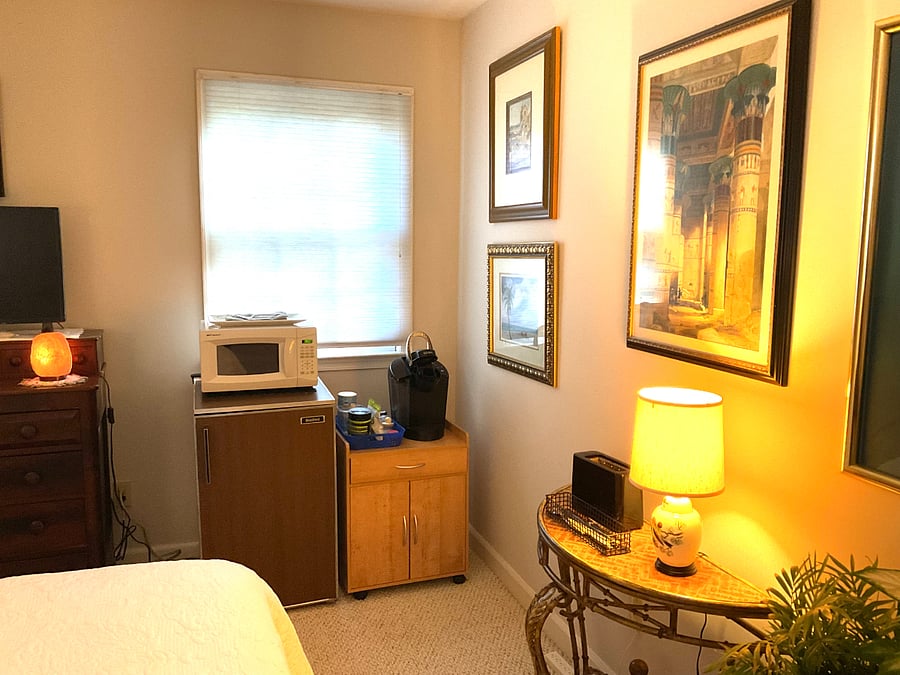The corner of the bedroom has a frig, microwave, Keurig, and toaster.
