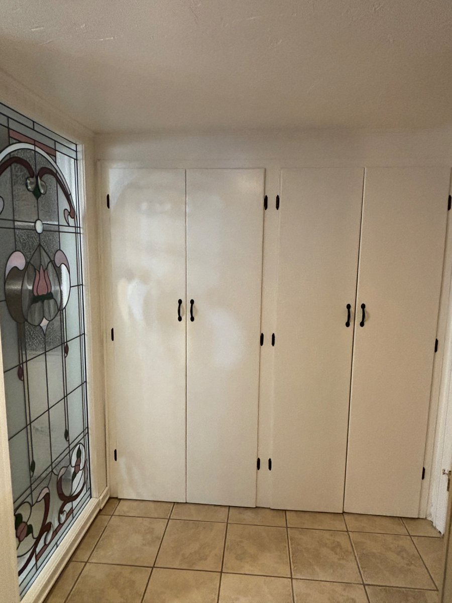 Storage cabinets in bathroom.