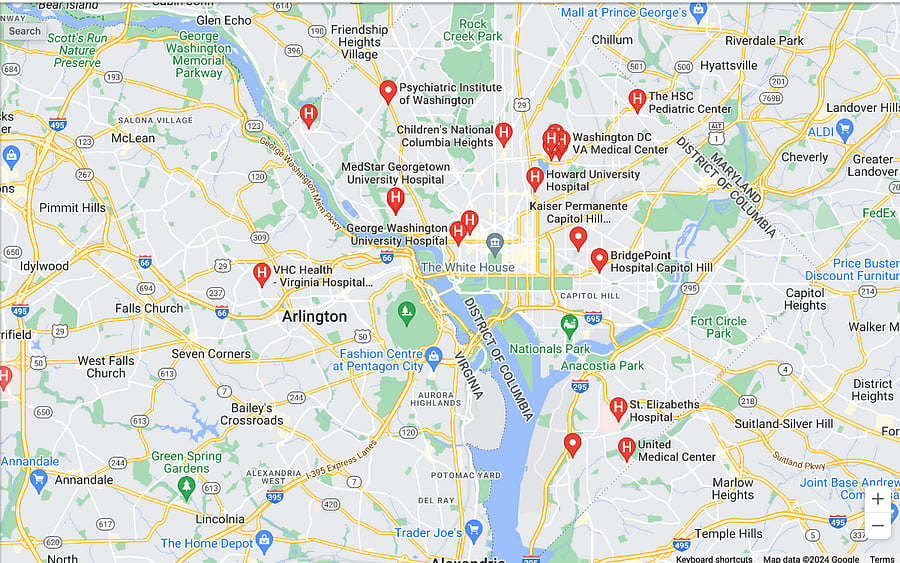 There are many hospitals within the DMV. I have provided a map for your viewing.