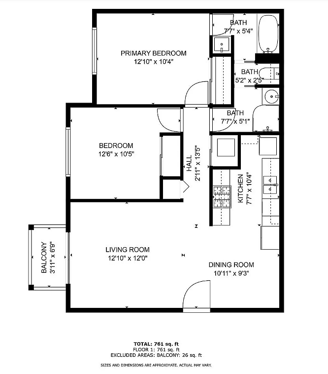 Floor plan of the 2 bedroom 1 full bathroom