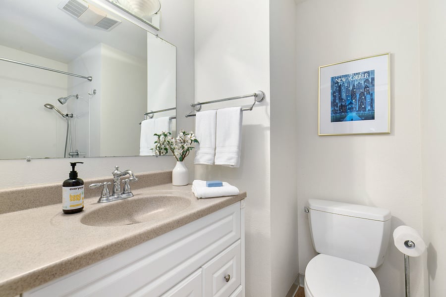 Your private bathroom, with a shower over the bathtub  