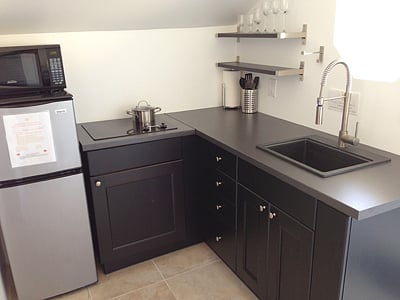 Kitchenette, the room you walk into from the outside. Has hi-end countertop range and medium size fridge.  Other fridge in hallway.