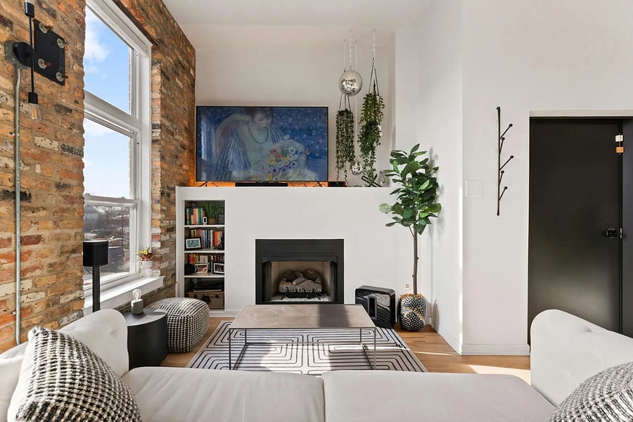 Living room w/ smart TV + fireplace