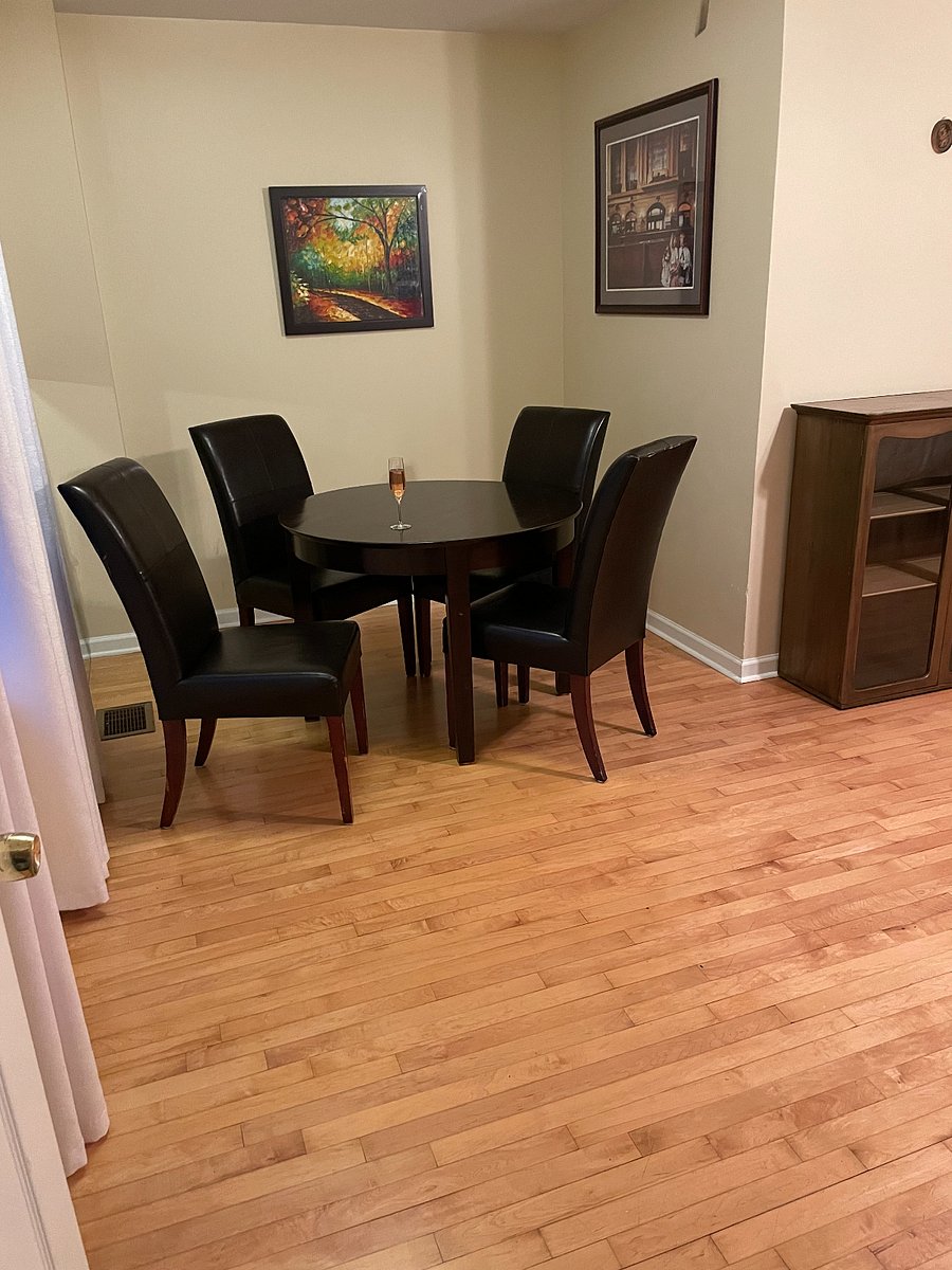 The fridge and microwave will be against the back wall on the other side of the table.