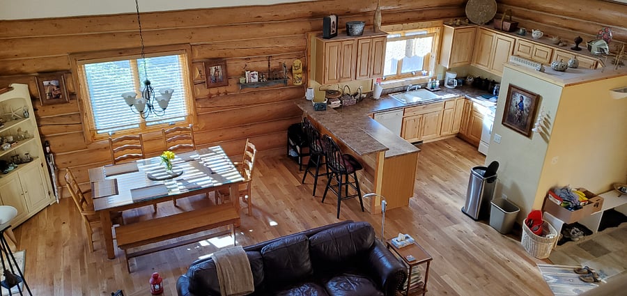 From the loft of the living room, dining room, and kitchen.