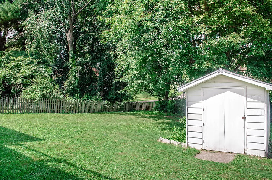 Fenced back yard with shed