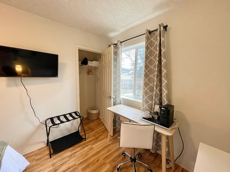 Blackout curtains, smart TV and coffee maker