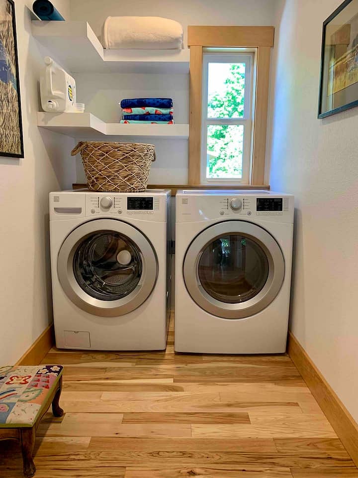 Full washer and dryer, we have an air-conditioner for summer.