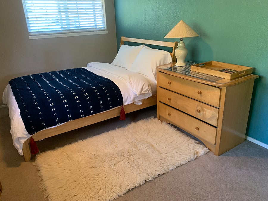Bedroom 2) Double Bed w/Premium Bedding & Dresser