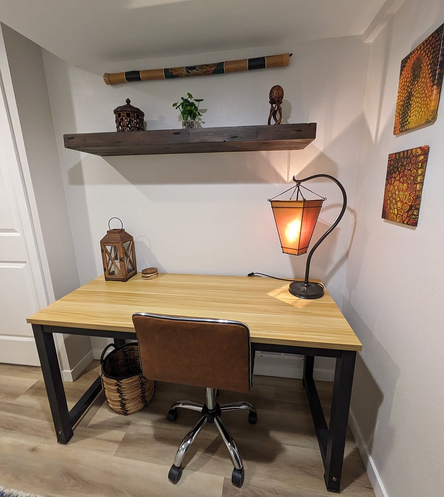 desk area of work or study space.
