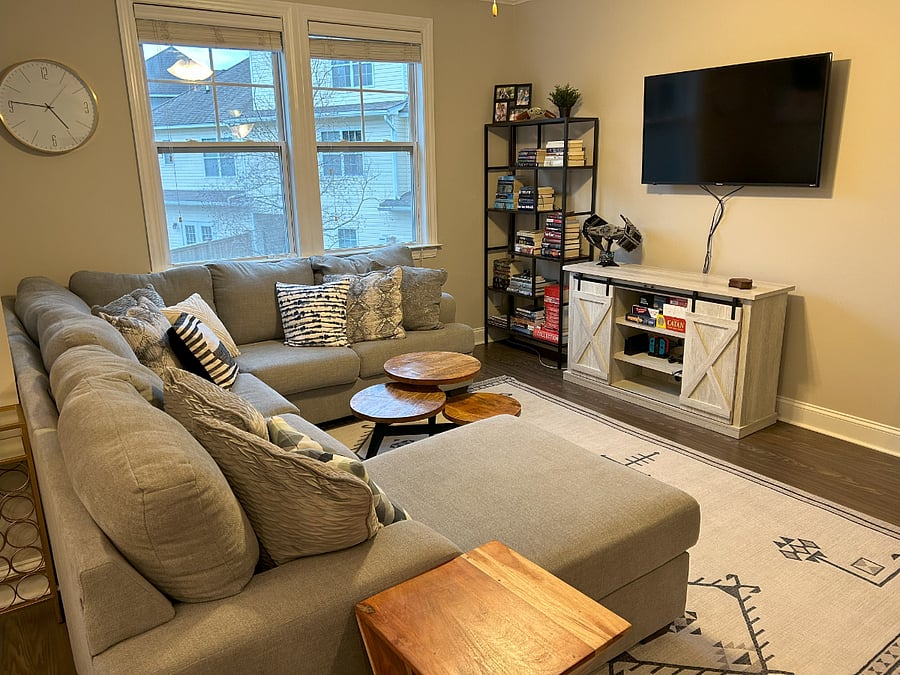 Cozy living room with smart TV and Nintendo Switch