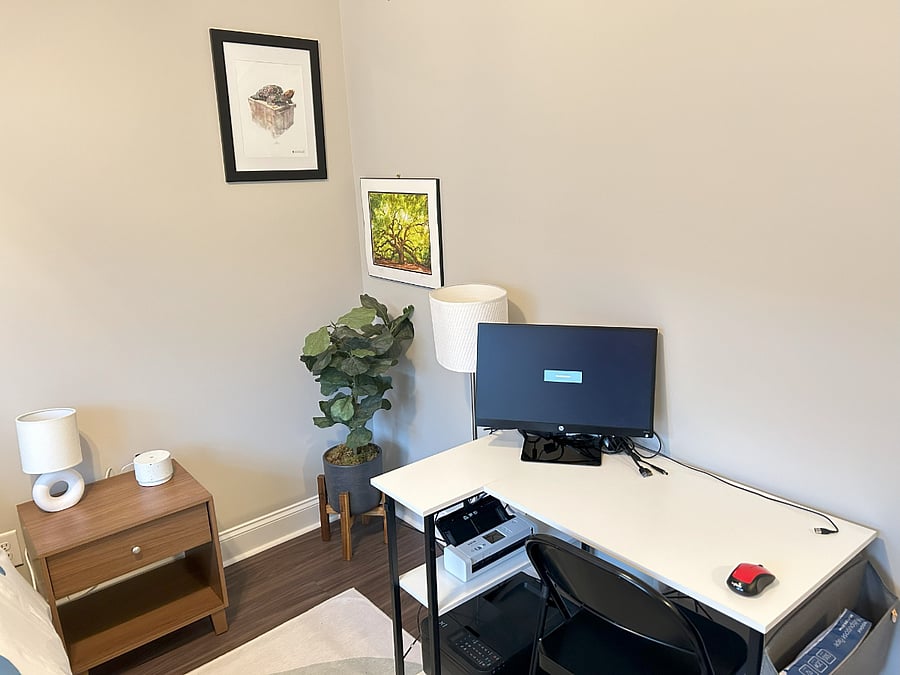Downstairs bedroom with WFH setup including printer and monitor