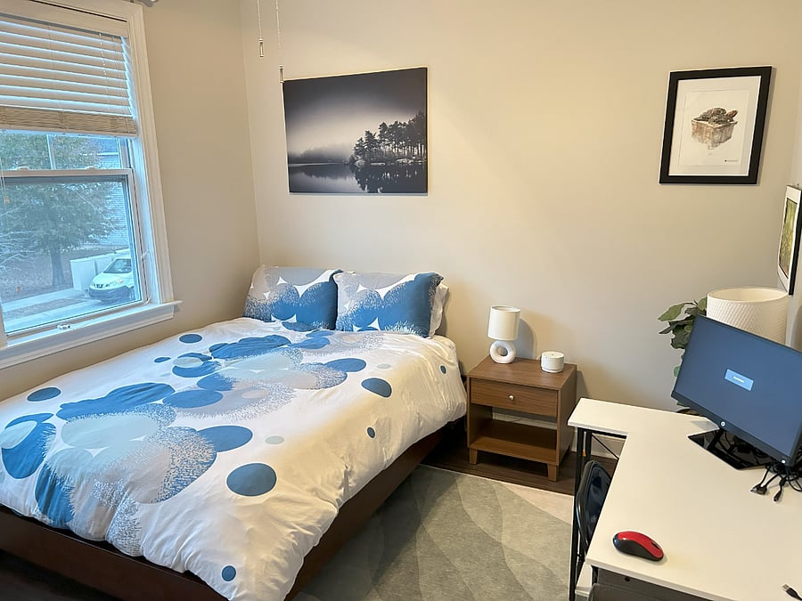 Downstairs bedroom with WFH setup including printer and monitor
