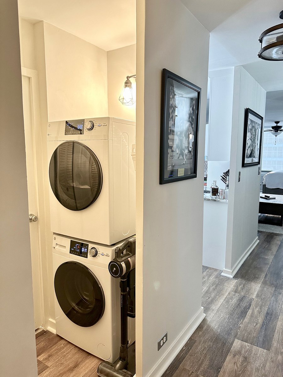 Brand new stacked washer and dryer, and a Dyson vacuum are amenities provided for your stay.