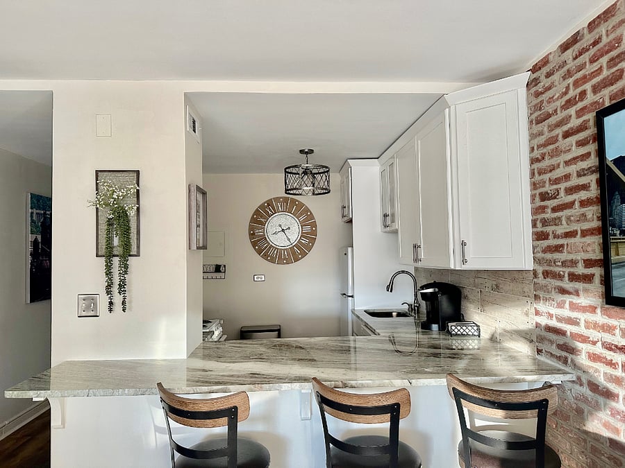 Seating for three at the counter.
