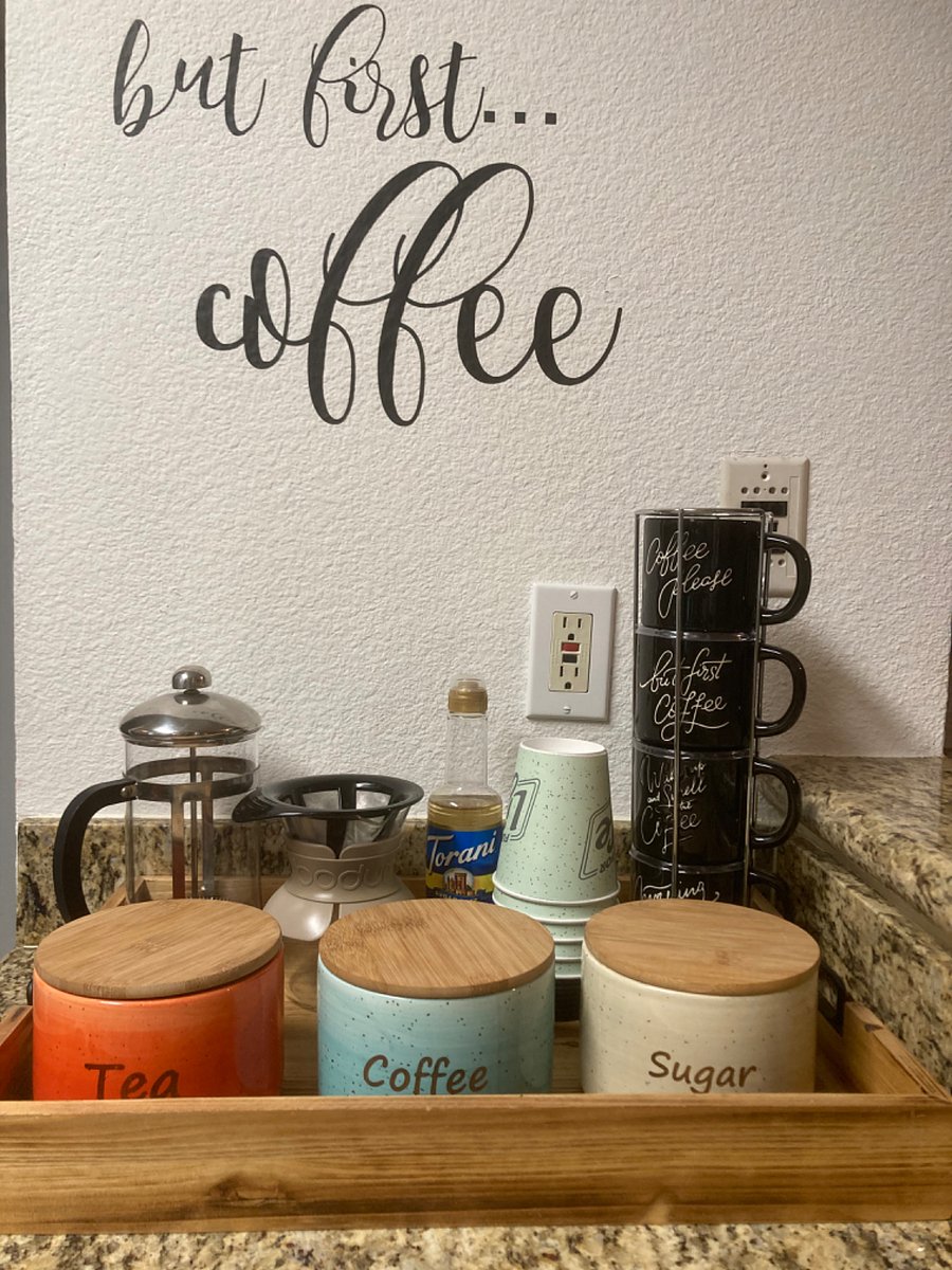 Coffee station with complimentary coffee, sugars and teas to get your stay started off right.