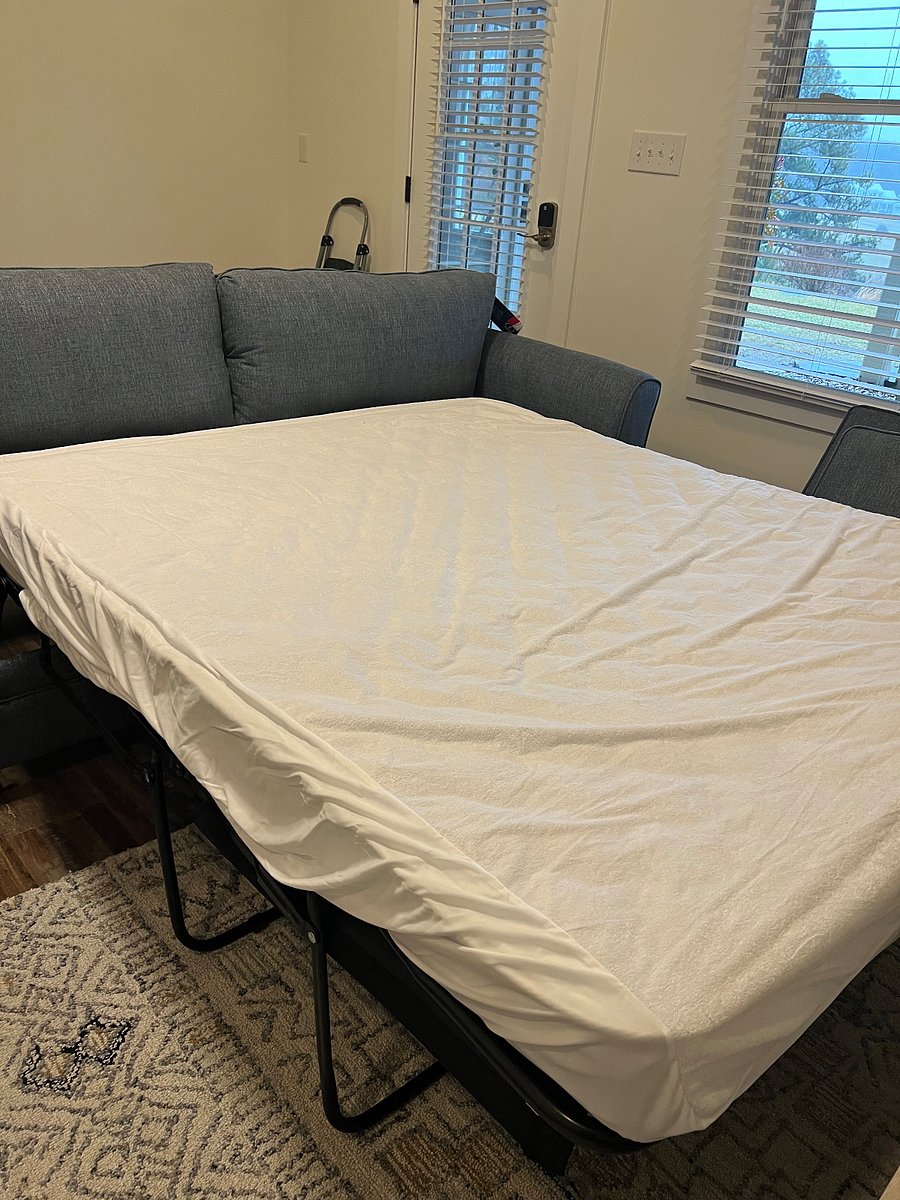 Living room couch converts to queen size bed.