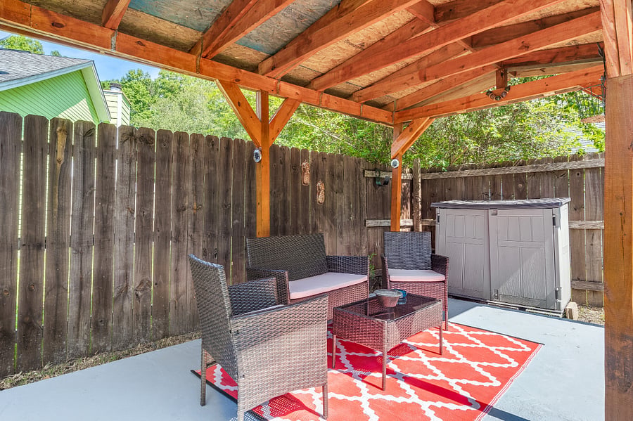 Storage container has things like Corn Hole Boards, Grilling utensils, Lawn Equipment & all other things to make your stay more enjoyable!