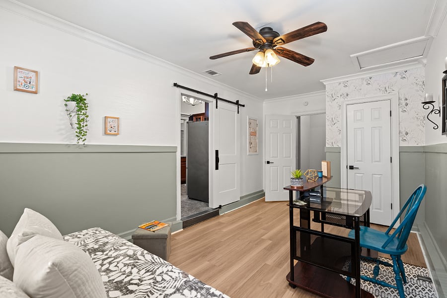 Flex Room. Everything in this room is on wheels and is easy to move to make the room suited to your needs !