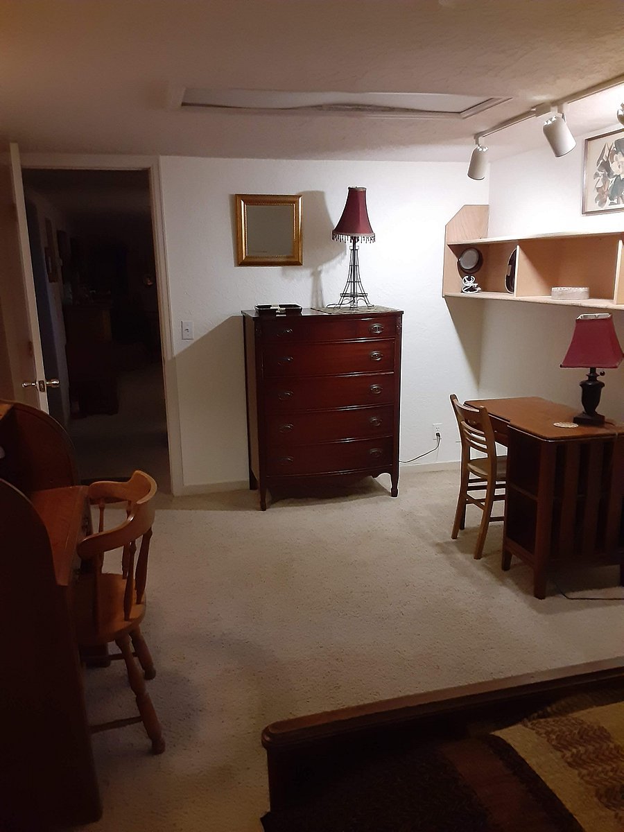 Desk, dresser, and shelves