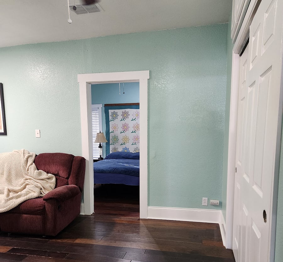 From theater room to bedroom. Full wall closet on right.