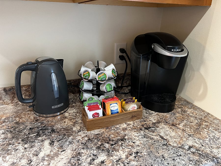 coffee and tea corner - some keurig and tea bags to start you off!