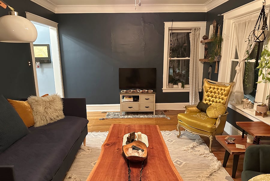 Local artists created the tables and the reclaimed wood shelves and mantle.