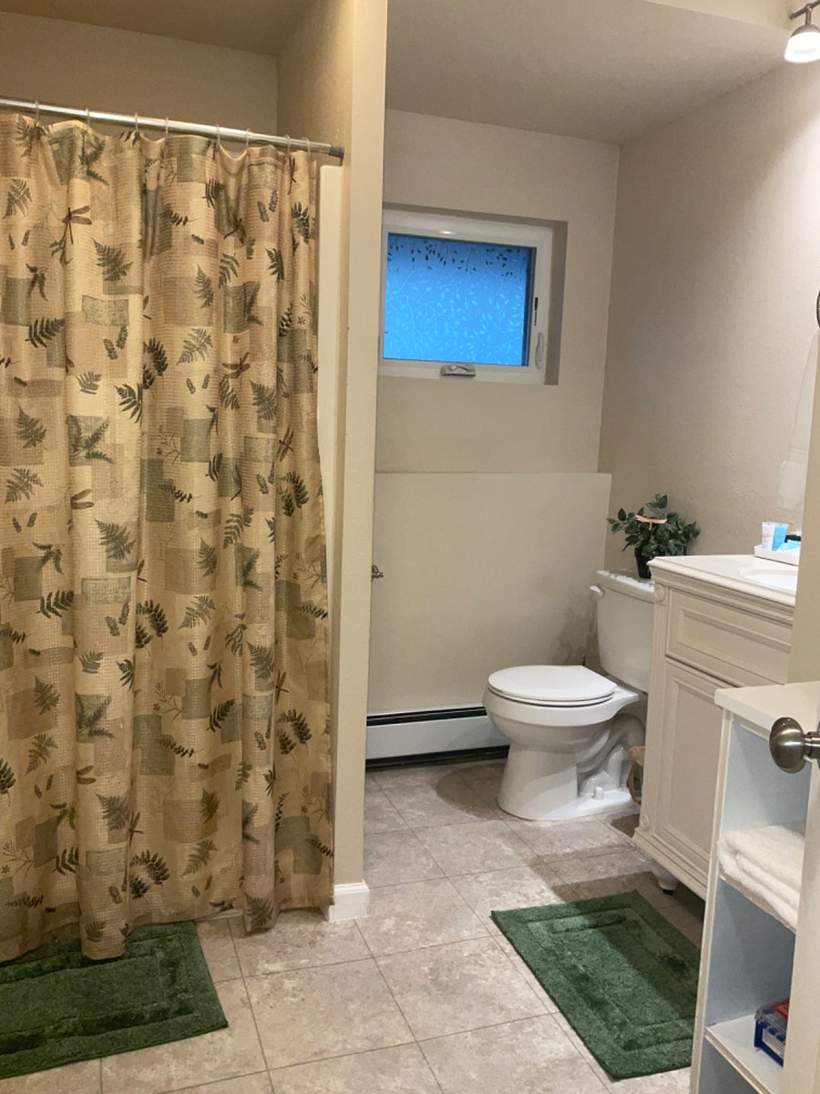 Downstairs private bathroom with shower and handheld shower head. Frosted window provides privacy while allowing the daylight to enter.