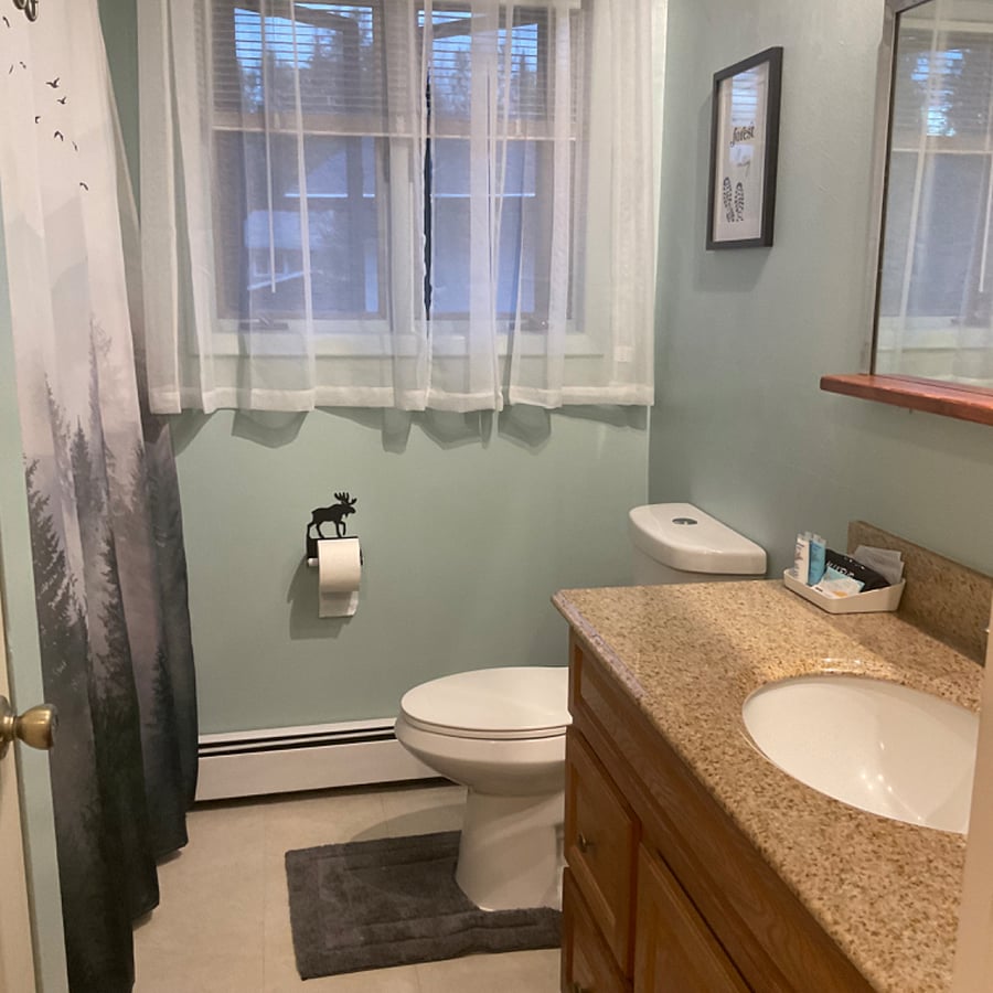 Upstairs private bathroom with tub, shower, and handheld shower head. Blinds provide privacy.