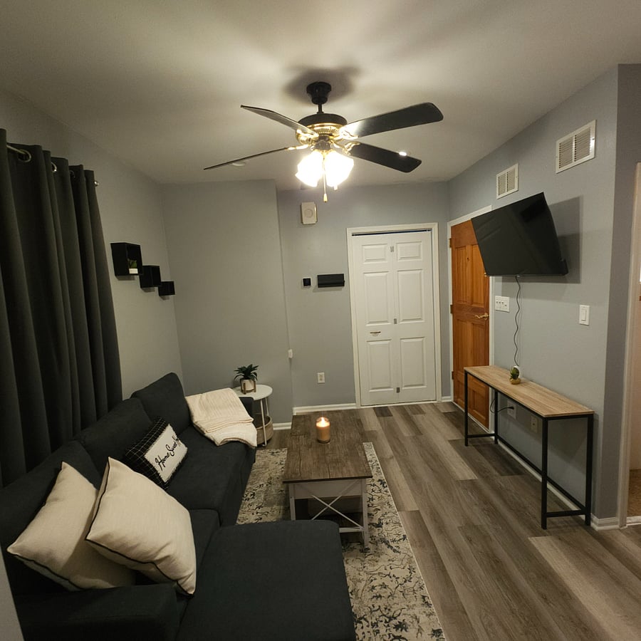 "Viewing the living room from the kitchen's vantage point."