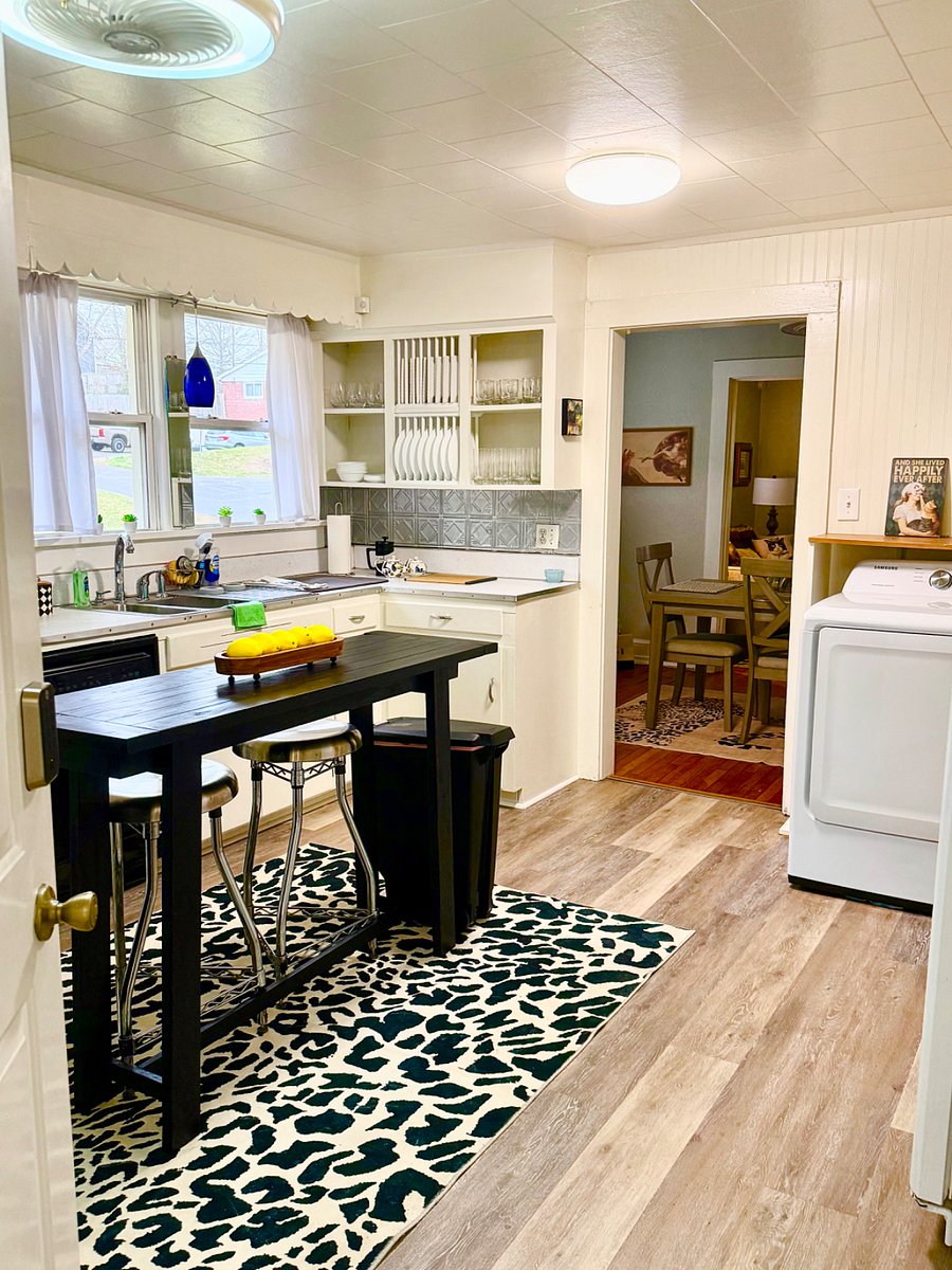 Bright kitchen has all the basics and washer/dryer, vita mixer, air fryer, BRITA, French press, coffee grinder