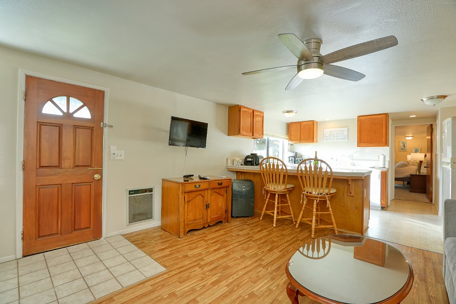 Entrance, living room and kitchen