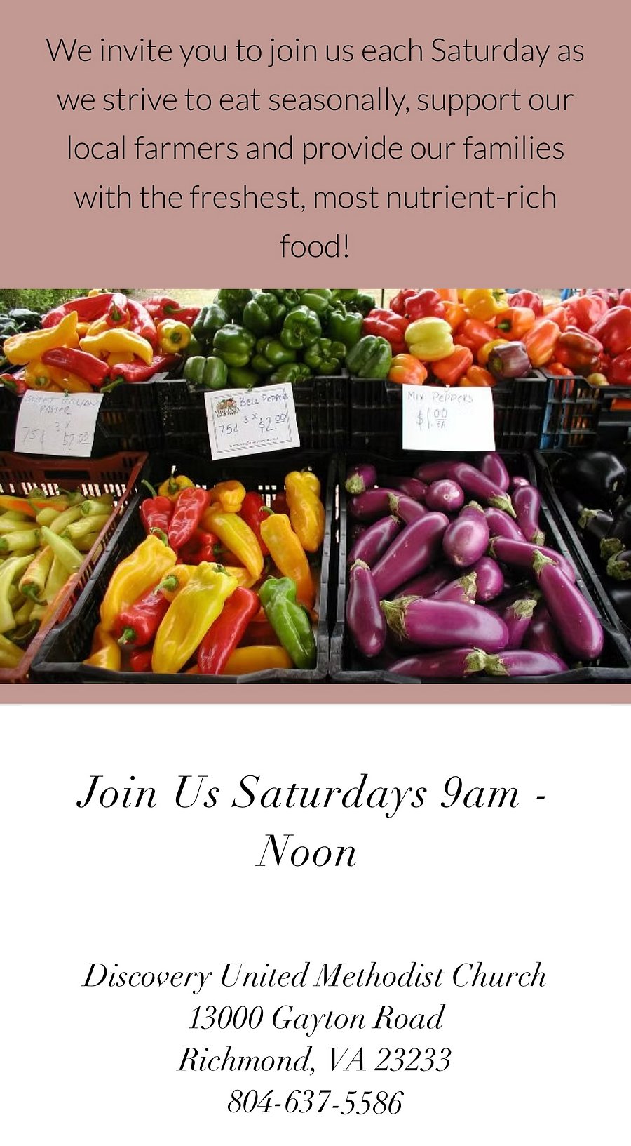 West End Farmers Market every Saturday just a short walk away 
