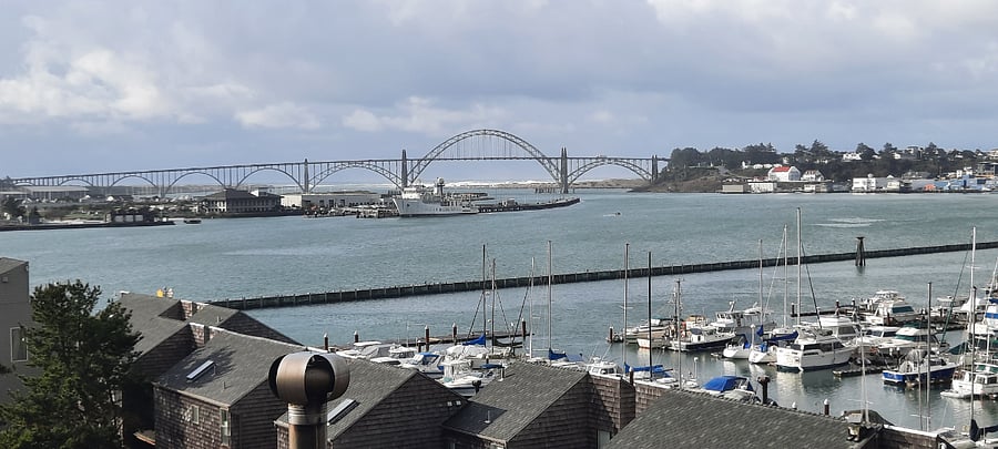 View of the Ocean, Yaquina Bay, Historic Yaquina Bridge, NOAA ships Newport Bayfront