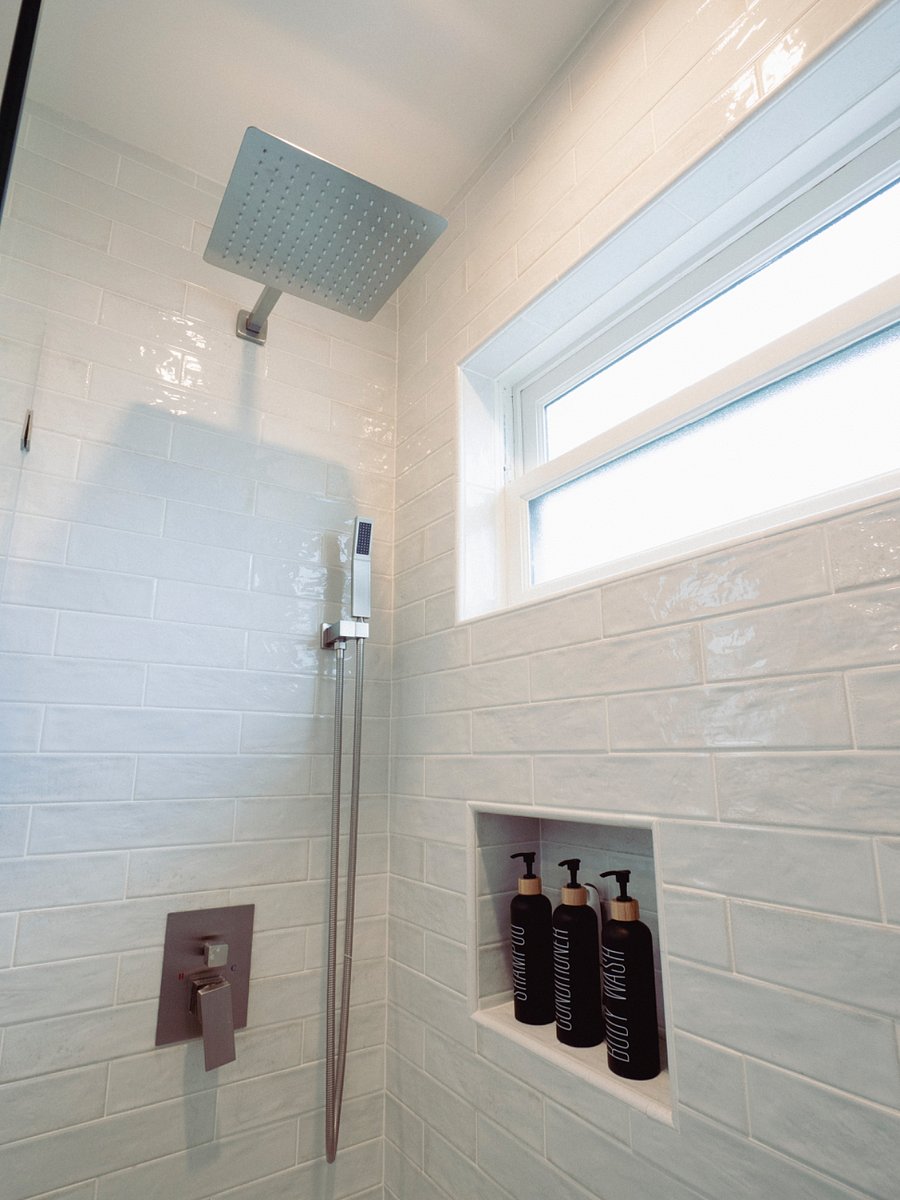 Rainfall shower with shampoo, soap, conditioner