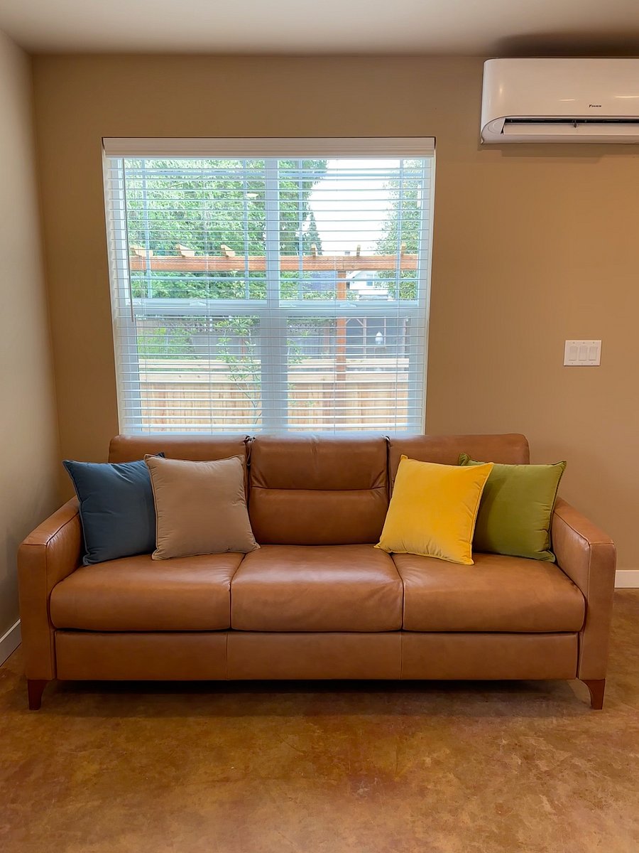 Current leather queen-sized sofa bed couch.