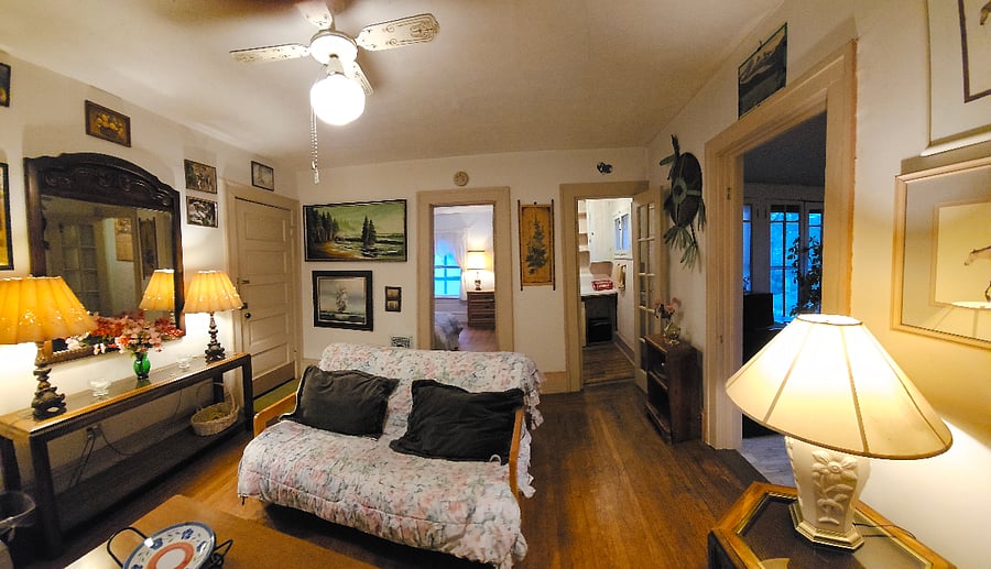 view from tv shows futon which can be used for temporary guests.