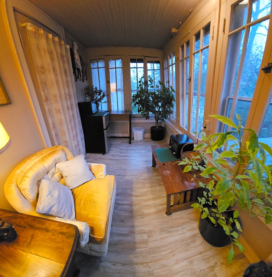 The original sunporch faces east and is perfect for coffee. The toaster oven, microwave, and refrigerator is located here.
I water the houseplants about once a week.
Guests are advised to not water them as they are family heirlooms.