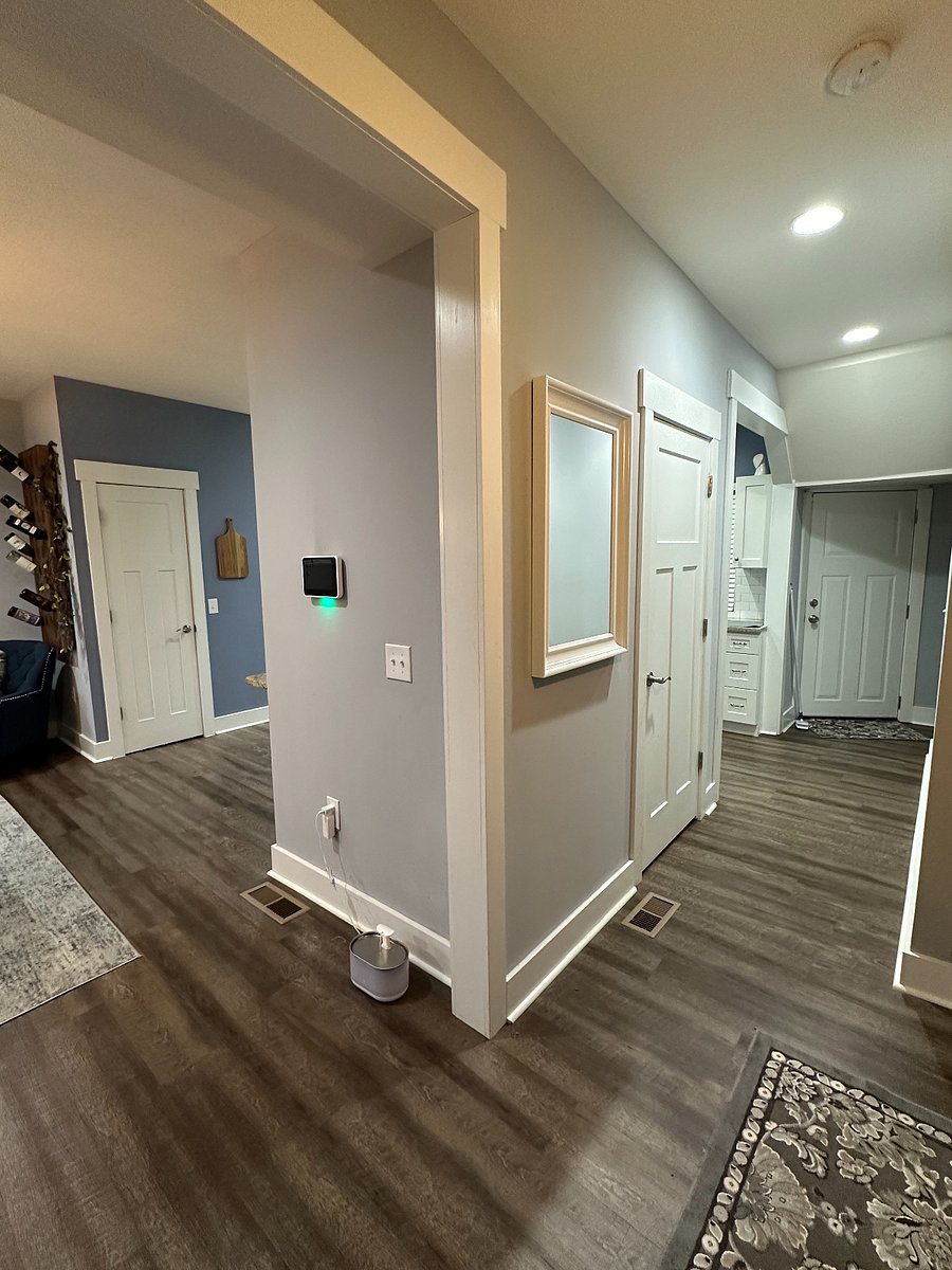 View from front door, kitchen and bathroom to the left, living room to the right.