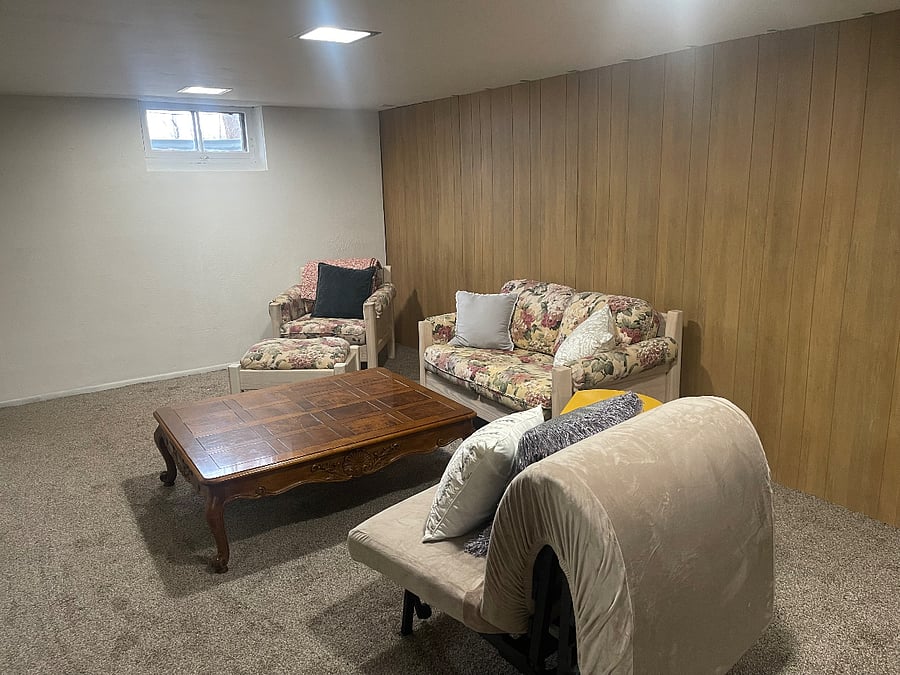 Basement seating area, with pull out ikea single bed.