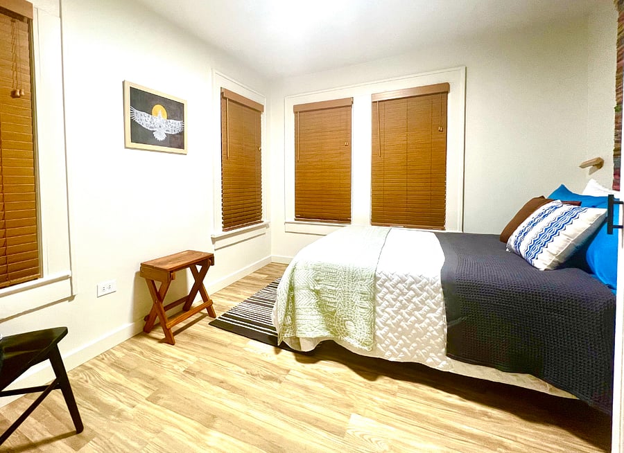Bedroom 3
Full bed, windows facing south and east. closet + built in shelves. Opposite kitchen from other 2 rooms.