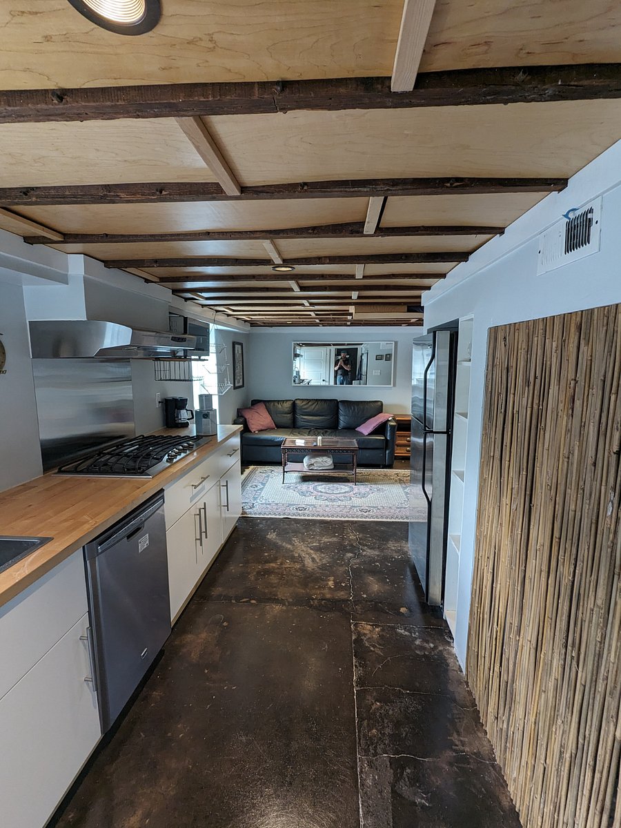 Kitchen and living area from bathroom.
