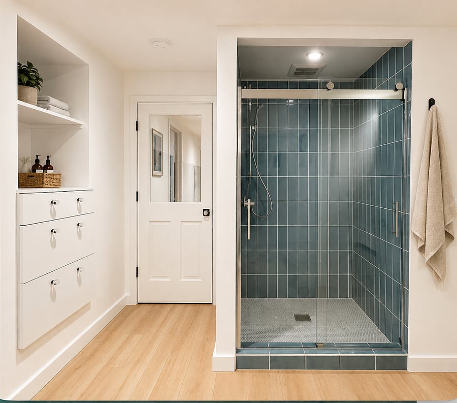Unwind after a long shift in this bright, modern bathroom with oversized walk-in shower and hotel-style touches.