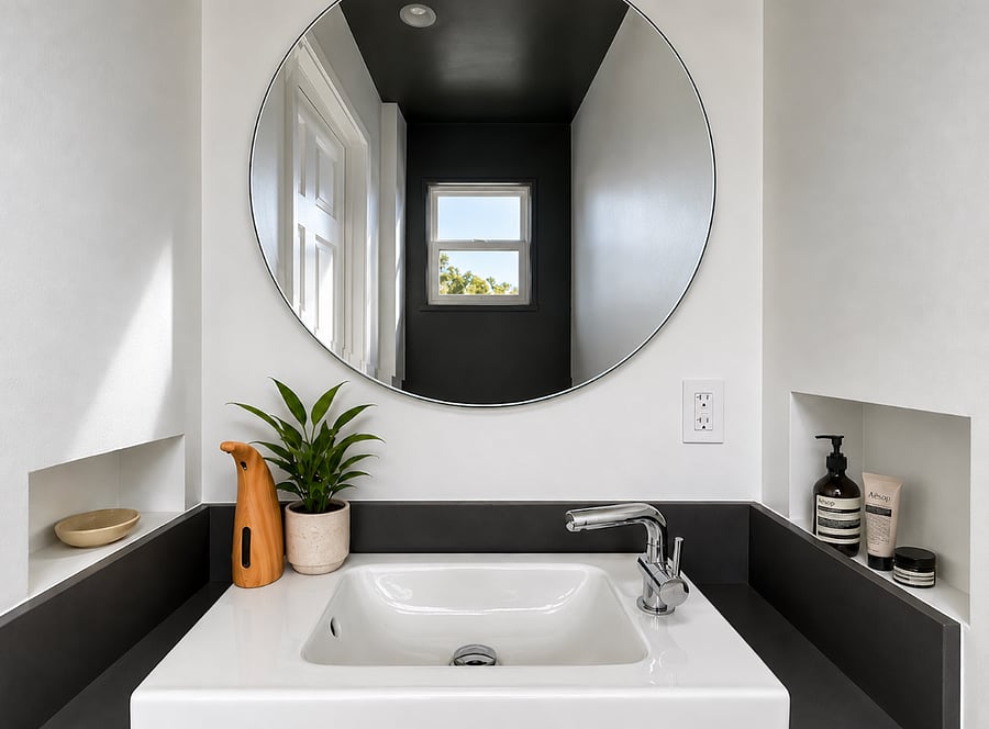 Clean modern bathroom with natural light, sleek finishes, and thoughtful touches designed to create a calm spa-like space for everyday comfort.